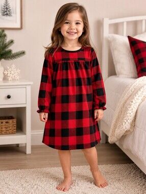 North Pole Trading Co Girls Buffalo Plaid Nightgown Sleep Dress Red Black 3T